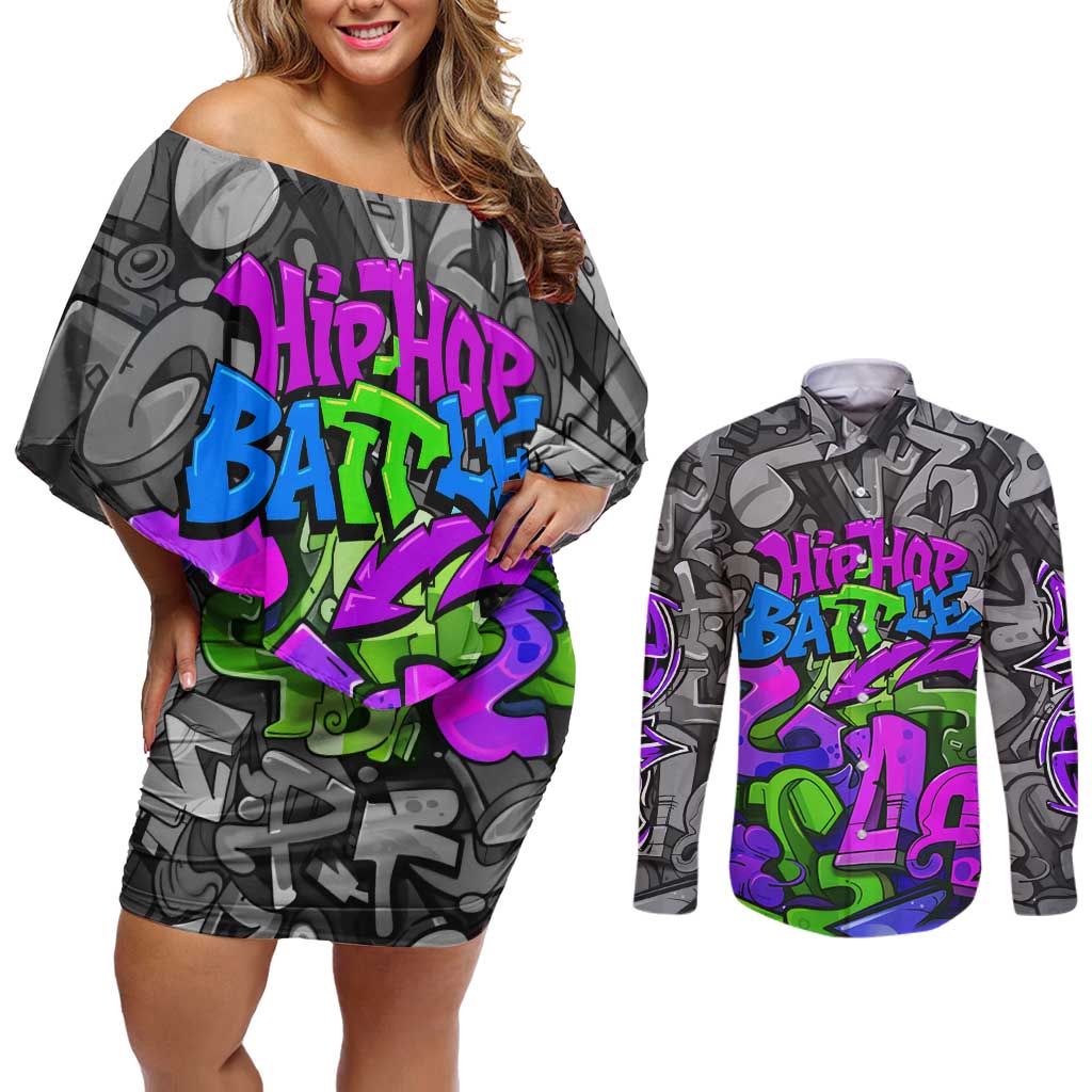 Hip Hop Battle Couples Matching Off Shoulder Short Dress and Long Sleeve Button Shirt Spray Can Kid Character and Colorful Graffiti Street Art Design - Wonder Print Shop