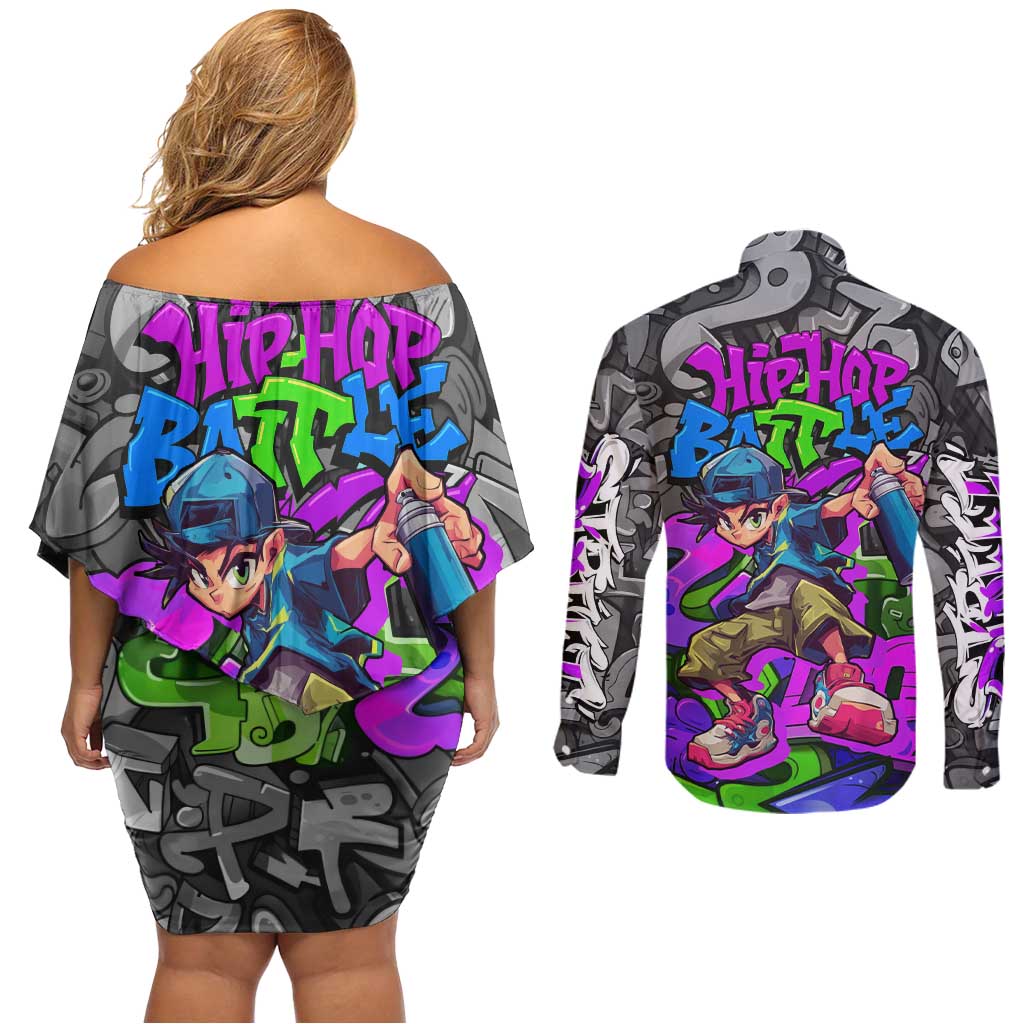 Hip Hop Battle Couples Matching Off Shoulder Short Dress and Long Sleeve Button Shirt Spray Can Kid Character and Colorful Graffiti Street Art Design - Wonder Print Shop