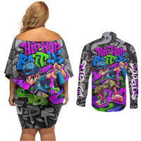 Hip Hop Battle Couples Matching Off Shoulder Short Dress and Long Sleeve Button Shirt Spray Can Kid Character and Colorful Graffiti Street Art Design - Wonder Print Shop