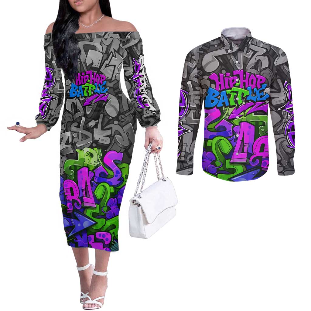 Hip Hop Battle Couples Matching Off The Shoulder Long Sleeve Dress and Long Sleeve Button Shirt Spray Can Kid Character and Colorful Graffiti Street Art Design - Wonder Print Shop