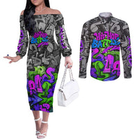 Hip Hop Battle Couples Matching Off The Shoulder Long Sleeve Dress and Long Sleeve Button Shirt Spray Can Kid Character and Colorful Graffiti Street Art Design - Wonder Print Shop