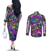 Hip Hop Battle Couples Matching Off The Shoulder Long Sleeve Dress and Long Sleeve Button Shirt Spray Can Kid Character and Colorful Graffiti Street Art Design - Wonder Print Shop
