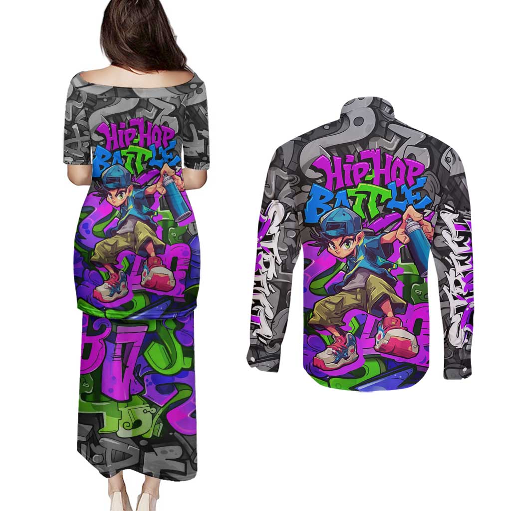 Hip Hop Battle Couples Matching Puletasi and Long Sleeve Button Shirt Spray Can Kid Character and Colorful Graffiti Street Art Design - Wonder Print Shop