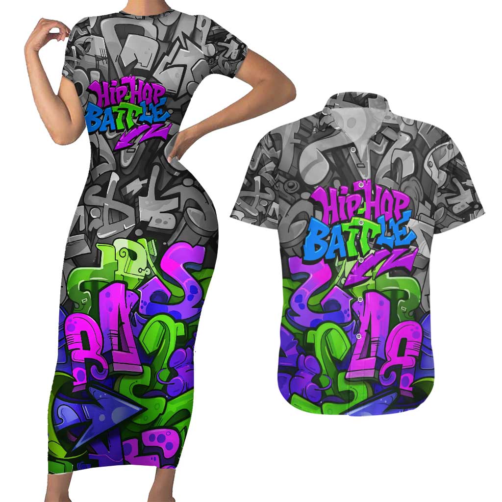 Hip Hop Battle Couples Matching Short Sleeve Bodycon Dress and Hawaiian Shirt Spray Can Kid Character and Colorful Graffiti Street Art Design - Wonder Print Shop