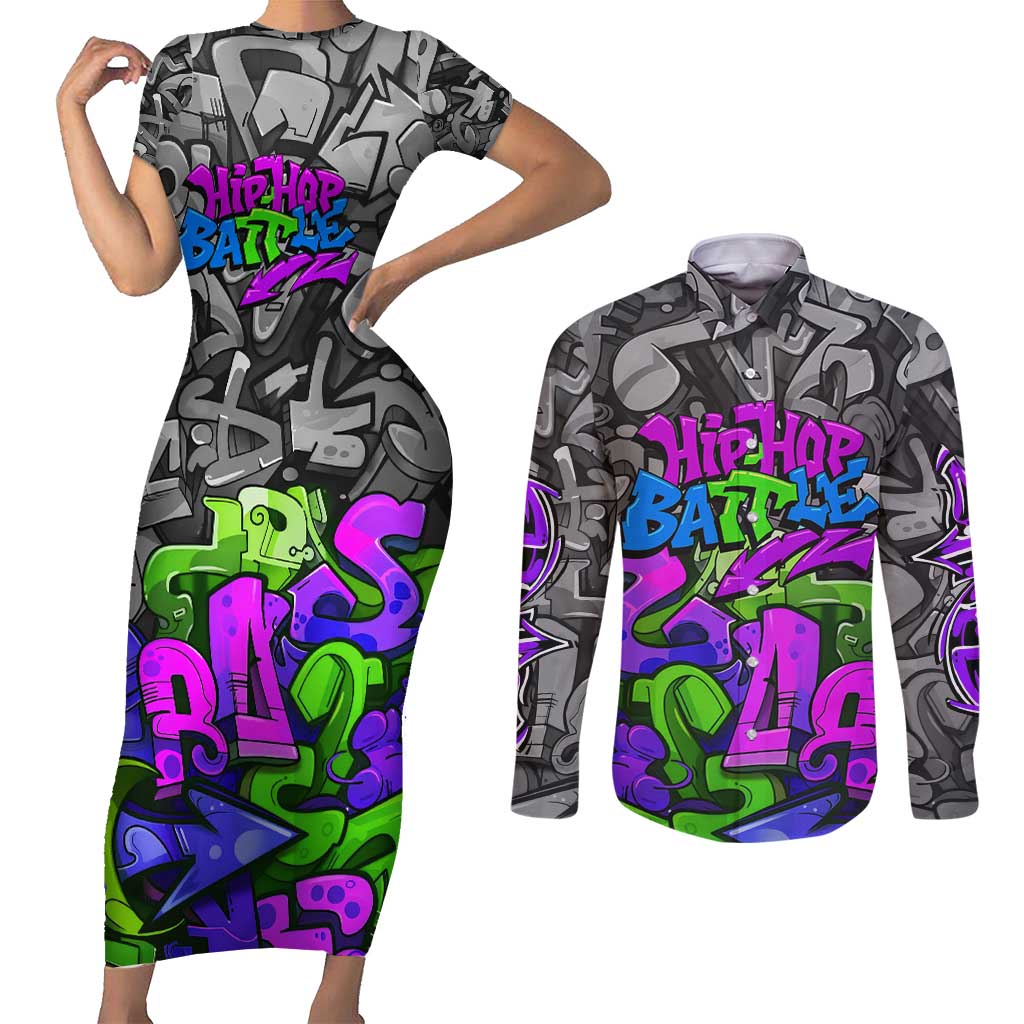 Hip Hop Battle Couples Matching Short Sleeve Bodycon Dress and Long Sleeve Button Shirt Spray Can Kid Character and Colorful Graffiti Street Art Design - Wonder Print Shop