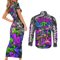 Hip Hop Battle Couples Matching Short Sleeve Bodycon Dress and Long Sleeve Button Shirt Spray Can Kid Character and Colorful Graffiti Street Art Design - Wonder Print Shop