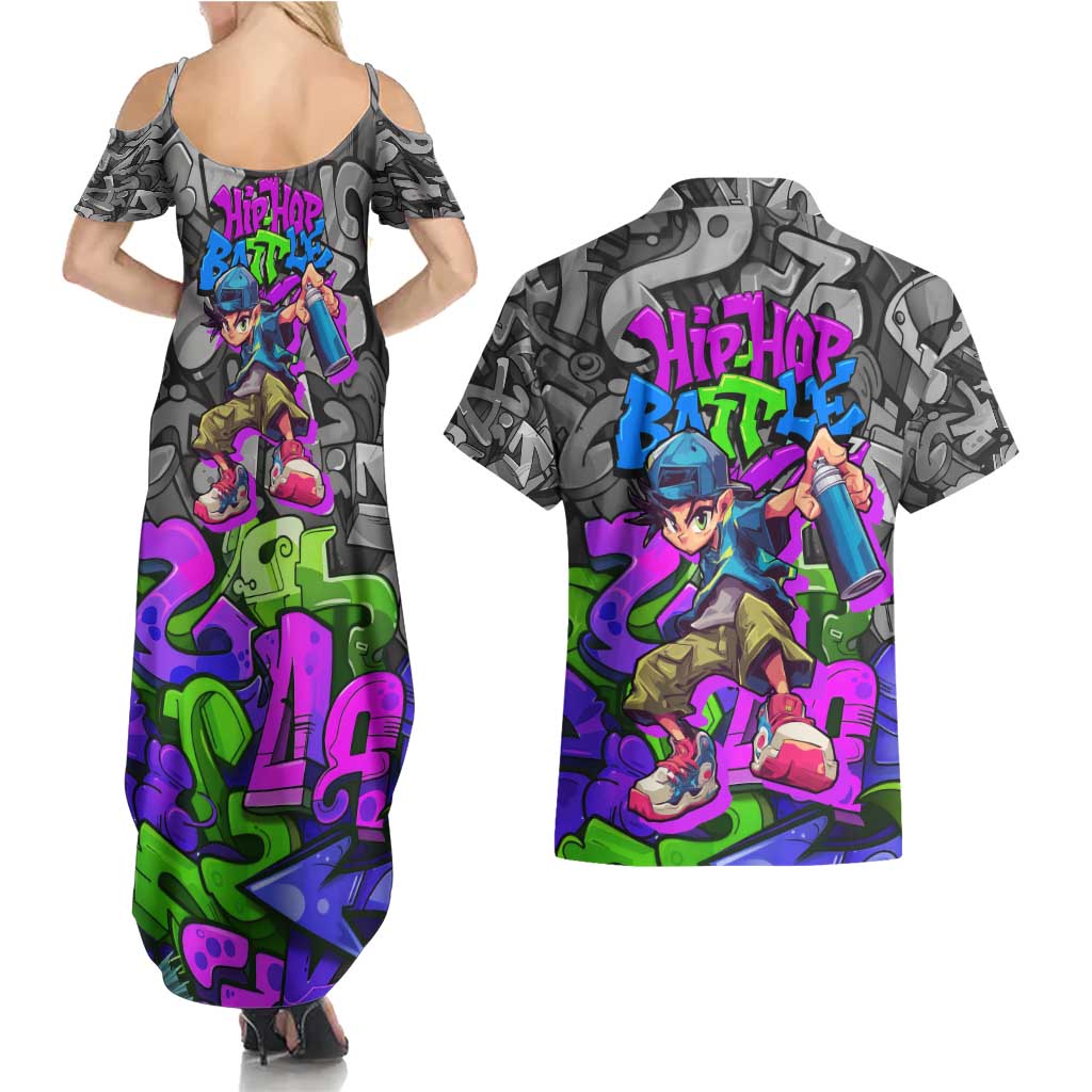 Hip Hop Battle Couples Matching Summer Maxi Dress and Hawaiian Shirt Spray Can Kid Character and Colorful Graffiti Street Art Design - Wonder Print Shop