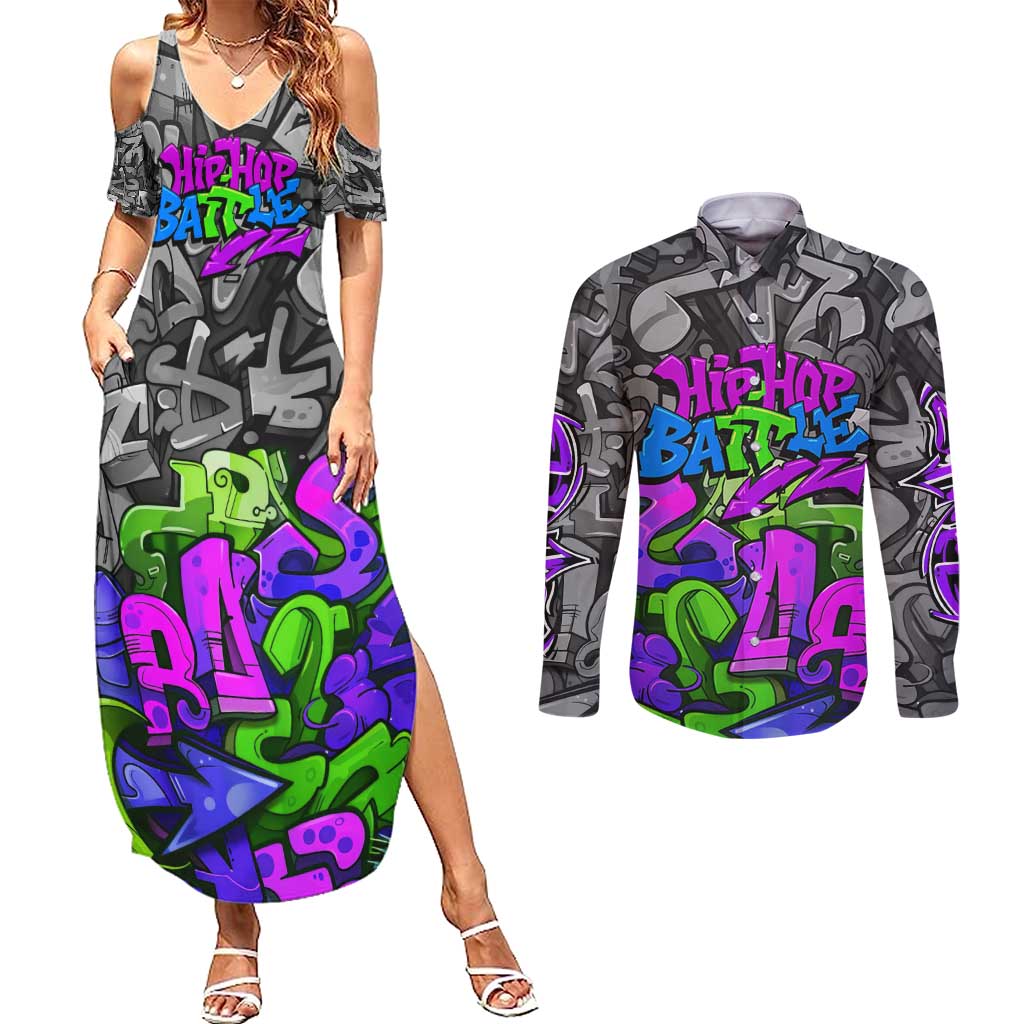 Hip Hop Battle Couples Matching Summer Maxi Dress and Long Sleeve Button Shirt Spray Can Kid Character and Colorful Graffiti Street Art Design - Wonder Print Shop