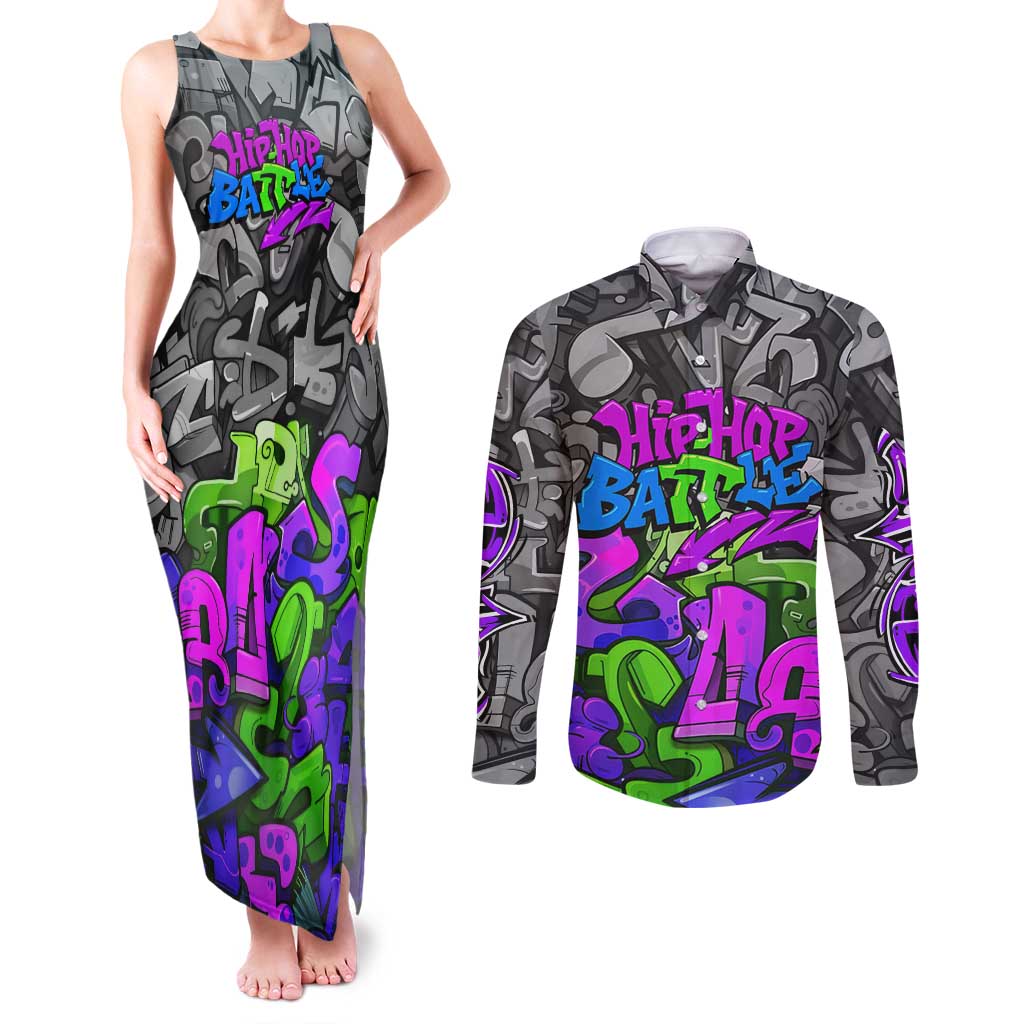 Hip Hop Battle Couples Matching Tank Maxi Dress and Long Sleeve Button Shirt Spray Can Kid Character and Colorful Graffiti Street Art Design - Wonder Print Shop