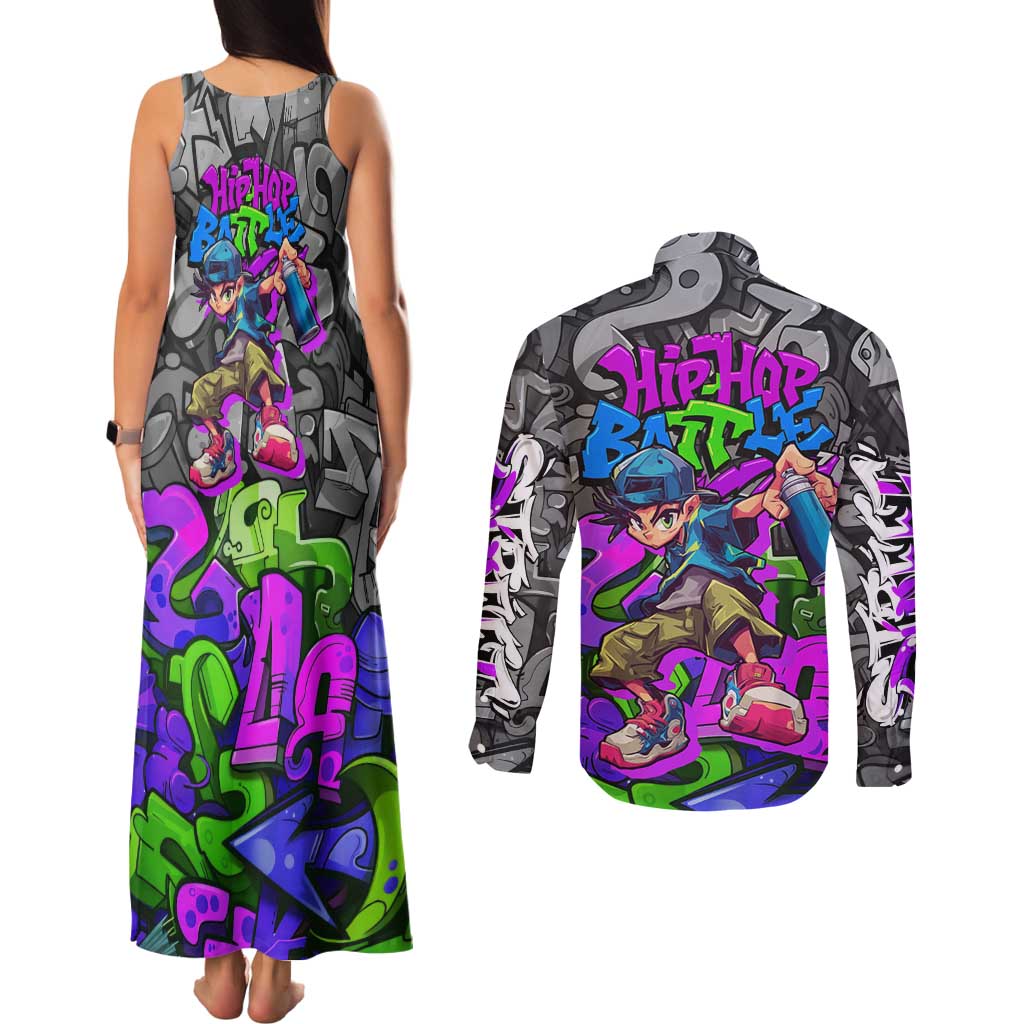 Hip Hop Battle Couples Matching Tank Maxi Dress and Long Sleeve Button Shirt Spray Can Kid Character and Colorful Graffiti Street Art Design - Wonder Print Shop