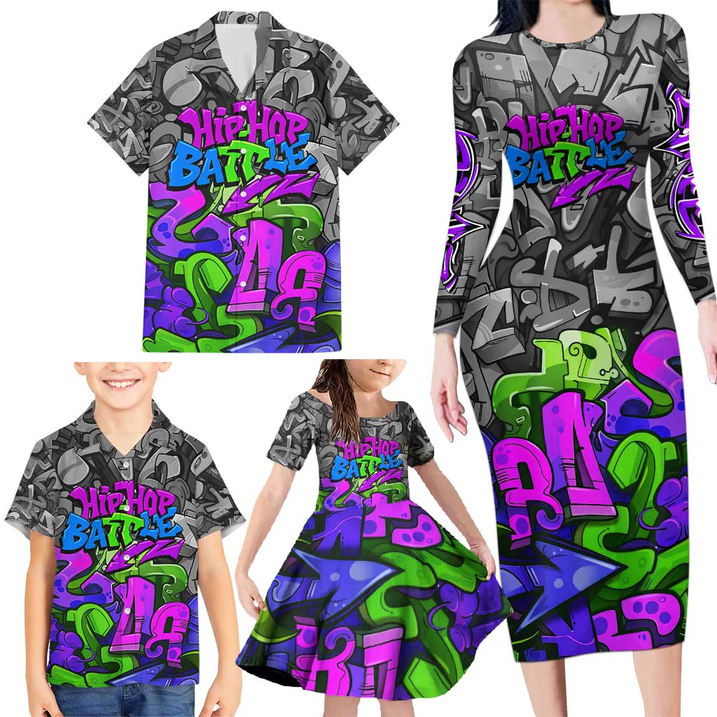 Hip Hop Battle Family Matching Long Sleeve Bodycon Dress and Hawaiian Shirt Spray Can Kid Character and Colorful Graffiti Street Art Design - Wonder Print Shop