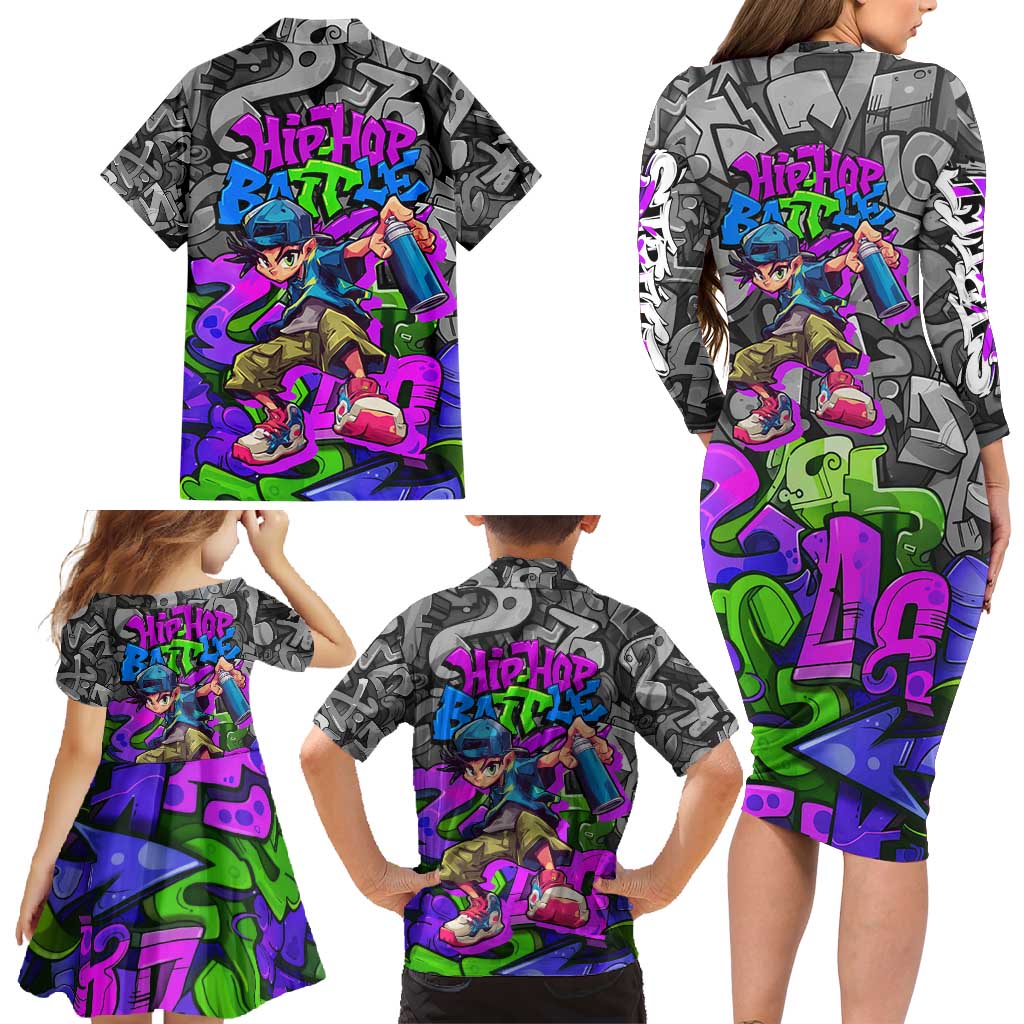 Hip Hop Battle Family Matching Long Sleeve Bodycon Dress and Hawaiian Shirt Spray Can Kid Character and Colorful Graffiti Street Art Design - Wonder Print Shop