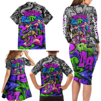 Hip Hop Battle Family Matching Long Sleeve Bodycon Dress and Hawaiian Shirt Spray Can Kid Character and Colorful Graffiti Street Art Design - Wonder Print Shop