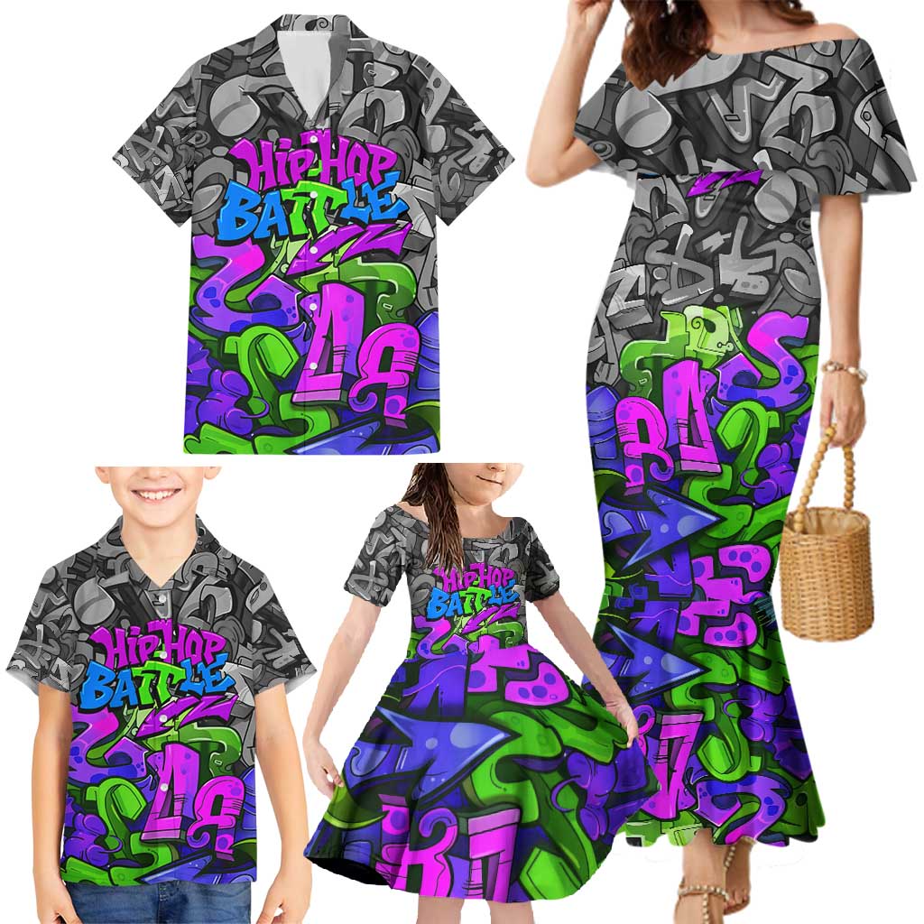 Hip Hop Battle Family Matching Mermaid Dress and Hawaiian Shirt Spray Can Kid Character and Colorful Graffiti Street Art Design - Wonder Print Shop