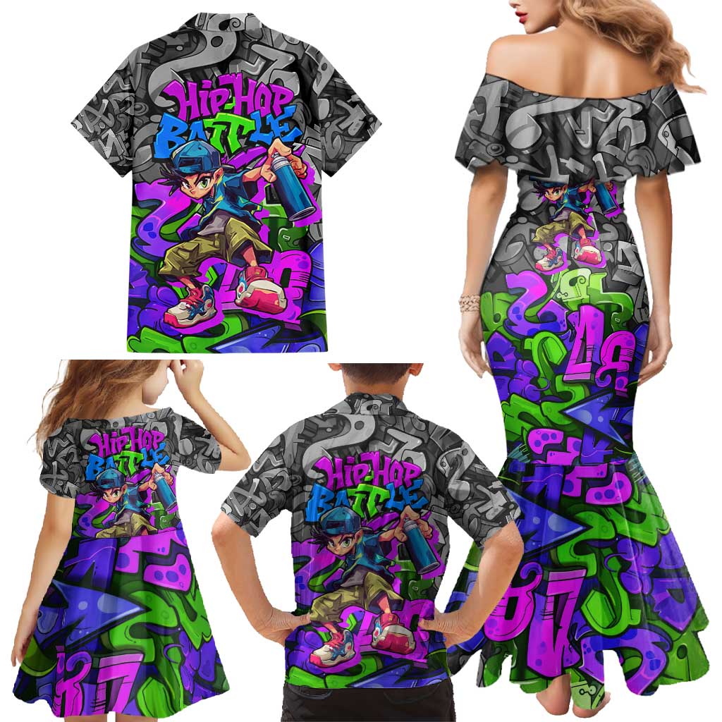 Hip Hop Battle Family Matching Mermaid Dress and Hawaiian Shirt Spray Can Kid Character and Colorful Graffiti Street Art Design - Wonder Print Shop