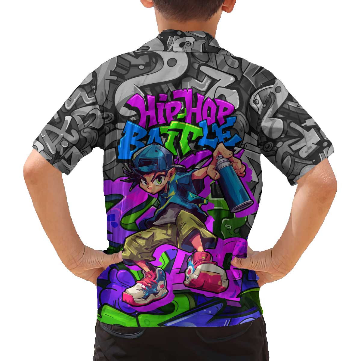 Hip Hop Battle Family Matching Off The Shoulder Long Sleeve Dress and Hawaiian Shirt Spray Can Kid Character and Colorful Graffiti Street Art Design - Wonder Print Shop