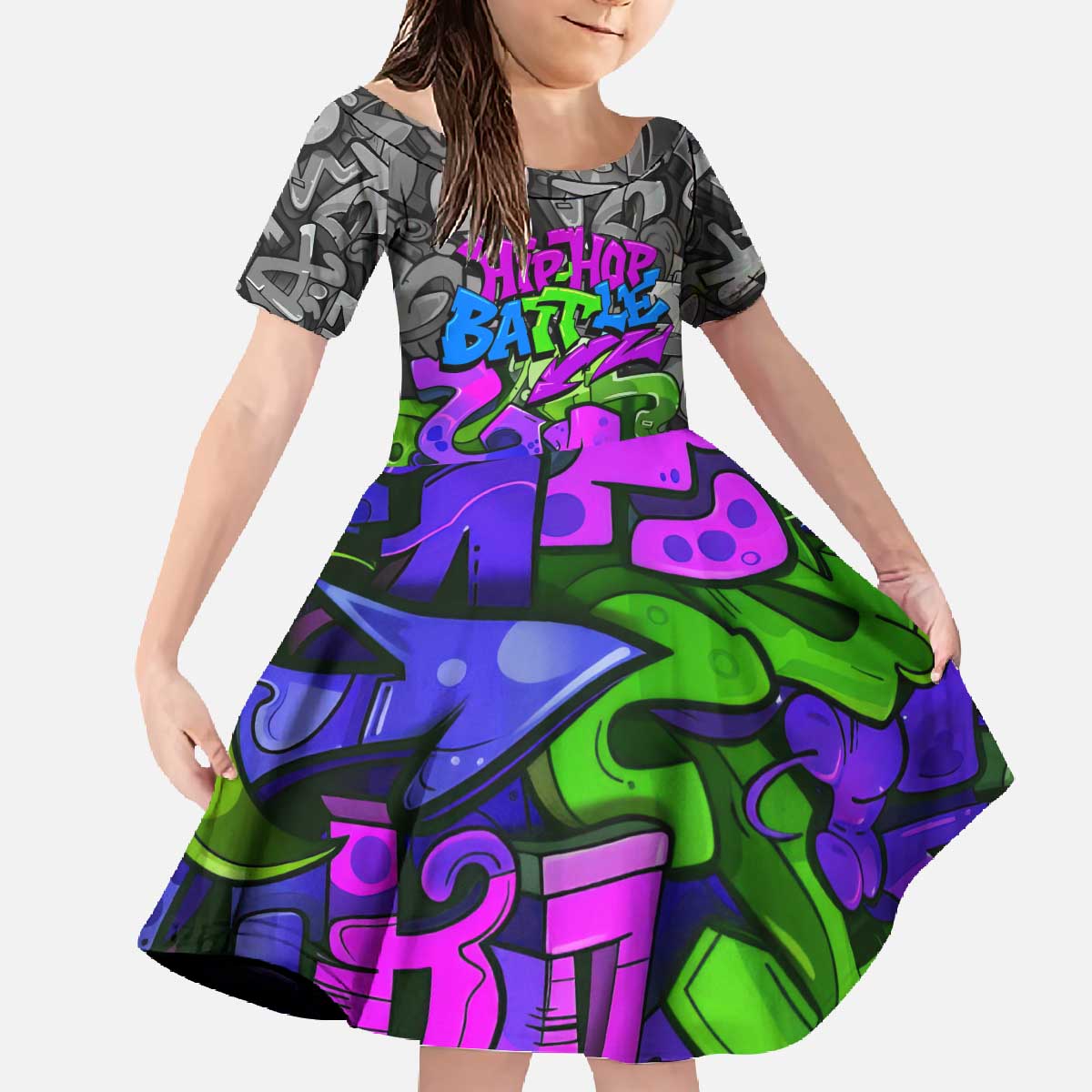 Hip Hop Battle Family Matching Off The Shoulder Long Sleeve Dress and Hawaiian Shirt Spray Can Kid Character and Colorful Graffiti Street Art Design - Wonder Print Shop