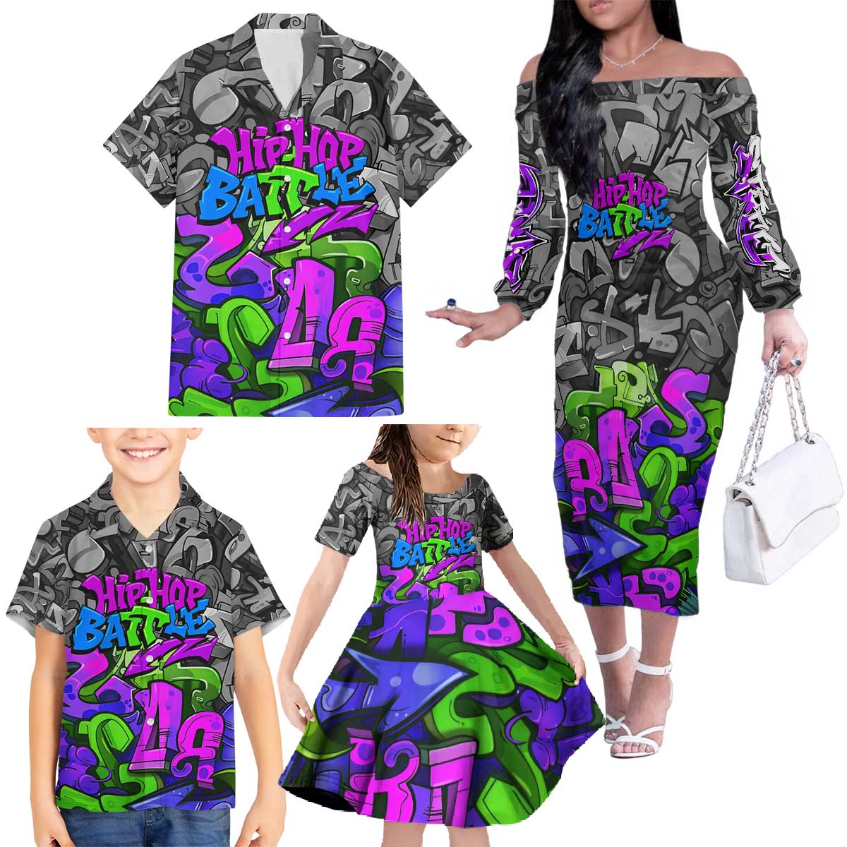 Hip Hop Battle Family Matching Off The Shoulder Long Sleeve Dress and Hawaiian Shirt Spray Can Kid Character and Colorful Graffiti Street Art Design - Wonder Print Shop