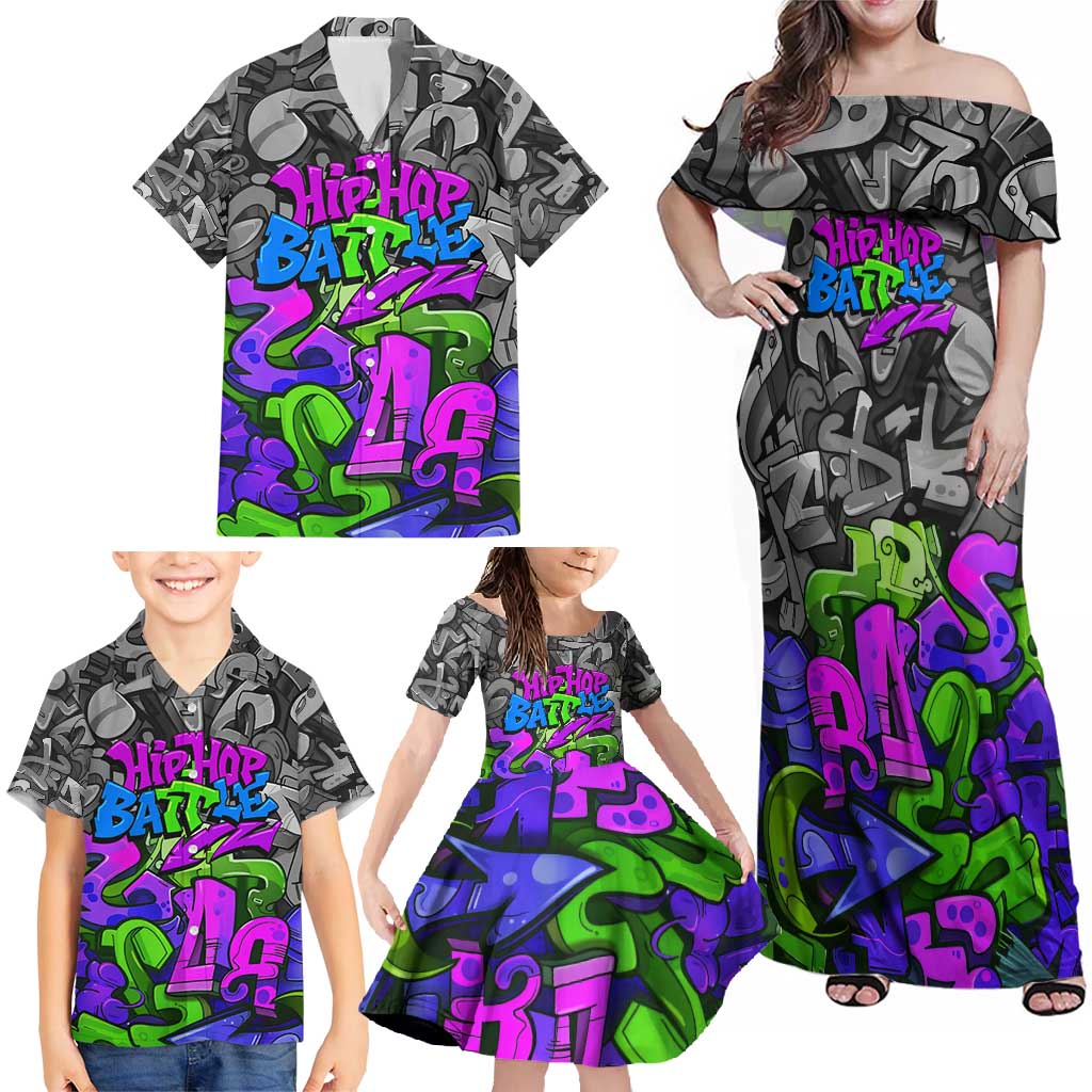 Hip Hop Battle Family Matching Off Shoulder Maxi Dress and Hawaiian Shirt Spray Can Kid Character and Colorful Graffiti Street Art Design - Wonder Print Shop