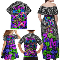 Hip Hop Battle Family Matching Off Shoulder Maxi Dress and Hawaiian Shirt Spray Can Kid Character and Colorful Graffiti Street Art Design - Wonder Print Shop