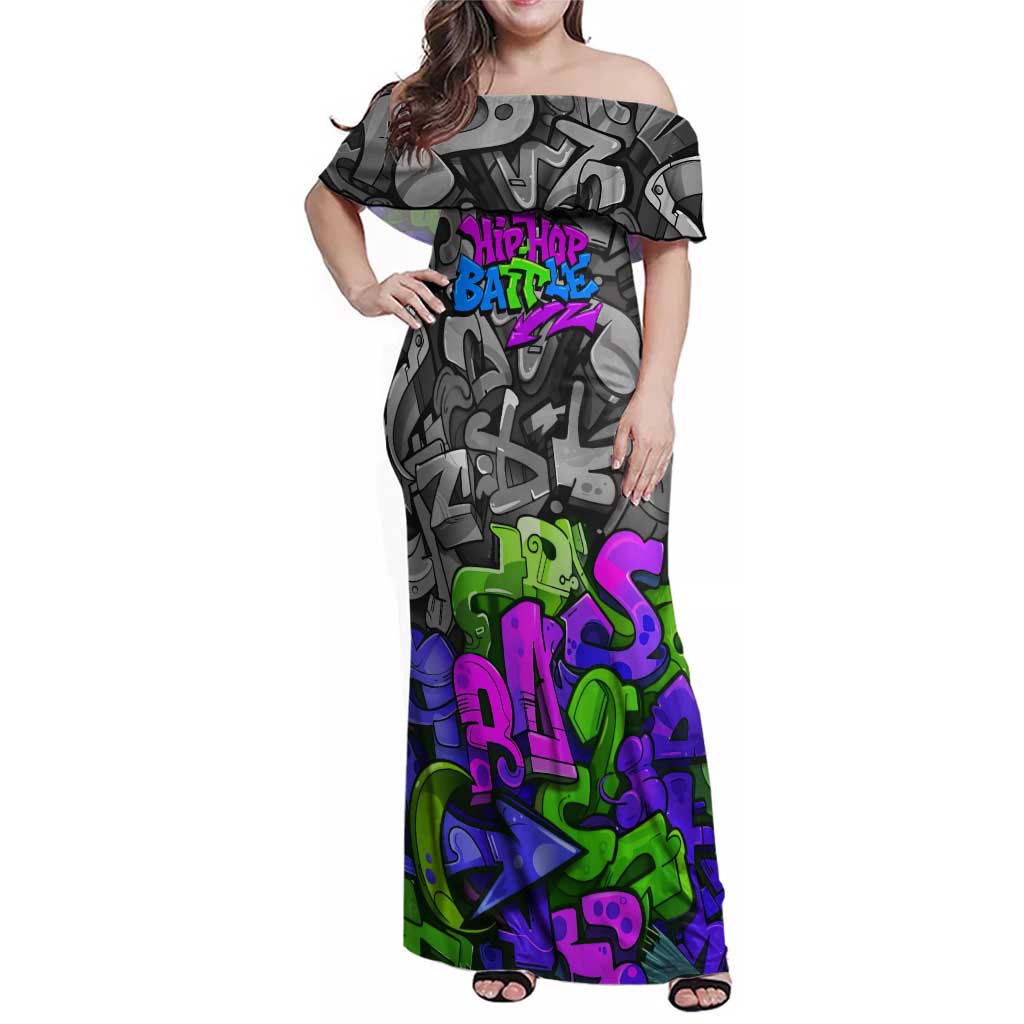 Hip Hop Battle Family Matching Off Shoulder Maxi Dress and Hawaiian Shirt Spray Can Kid Character and Colorful Graffiti Street Art Design - Wonder Print Shop