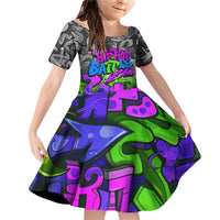 Hip Hop Battle Family Matching Off Shoulder Short Dress and Hawaiian Shirt Spray Can Kid Character and Colorful Graffiti Street Art Design - Wonder Print Shop