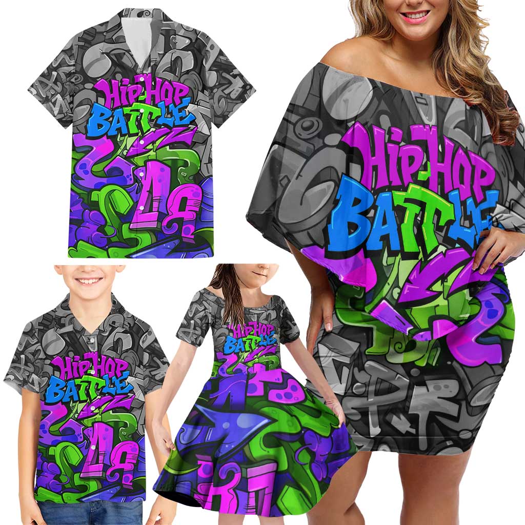 Hip Hop Battle Family Matching Off Shoulder Short Dress and Hawaiian Shirt Spray Can Kid Character and Colorful Graffiti Street Art Design - Wonder Print Shop
