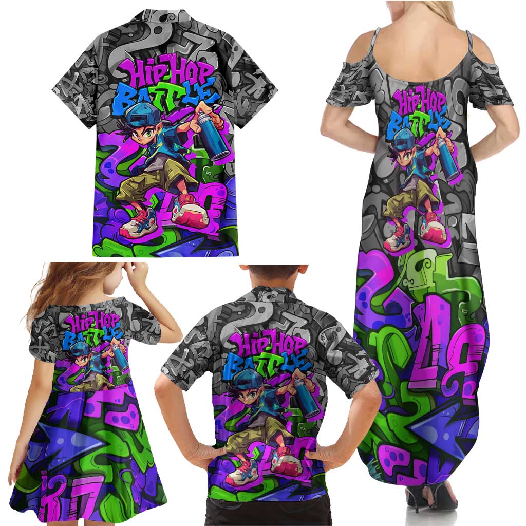 Hip Hop Battle Family Matching Summer Maxi Dress and Hawaiian Shirt Spray Can Kid Character and Colorful Graffiti Street Art Design - Wonder Print Shop