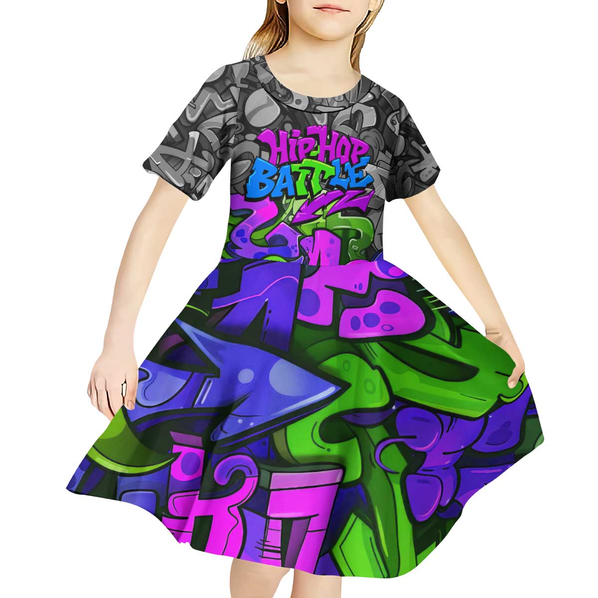 Hip Hop Battle Kid Short Sleeve Dress Spray Can Kid Character and Colorful Graffiti Street Art Design - Wonder Print Shop