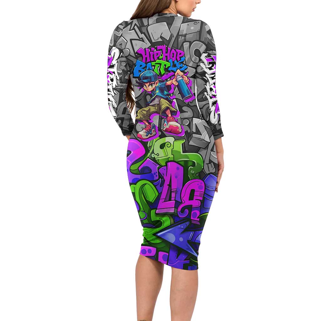 Hip Hop Battle Long Sleeve Bodycon Dress Spray Can Kid Character and Colorful Graffiti Street Art Design - Wonder Print Shop