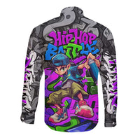 Hip Hop Battle Long Sleeve Button Shirt Spray Can Kid Character and Colorful Graffiti Street Art Design - Wonder Print Shop