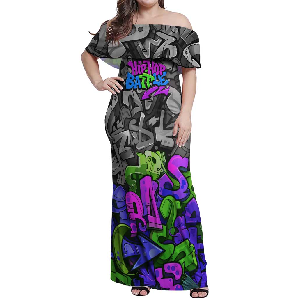 Hip Hop Battle Off Shoulder Maxi Dress Spray Can Kid Character and Colorful Graffiti Street Art Design - Wonder Print Shop
