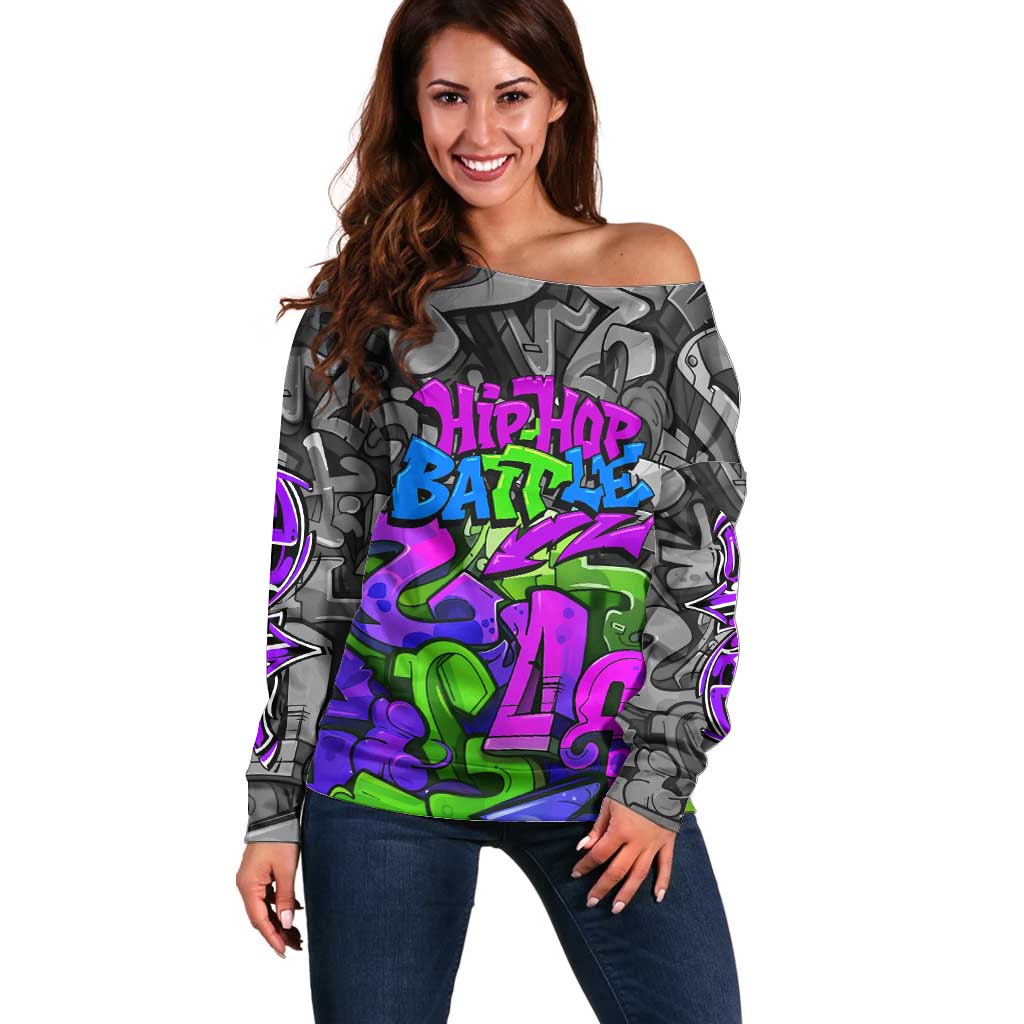 Hip Hop Battle Off Shoulder Sweater Spray Can Kid Character and Colorful Graffiti Street Art Design - Wonder Print Shop
