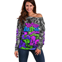Hip Hop Battle Off Shoulder Sweater Spray Can Kid Character and Colorful Graffiti Street Art Design - Wonder Print Shop