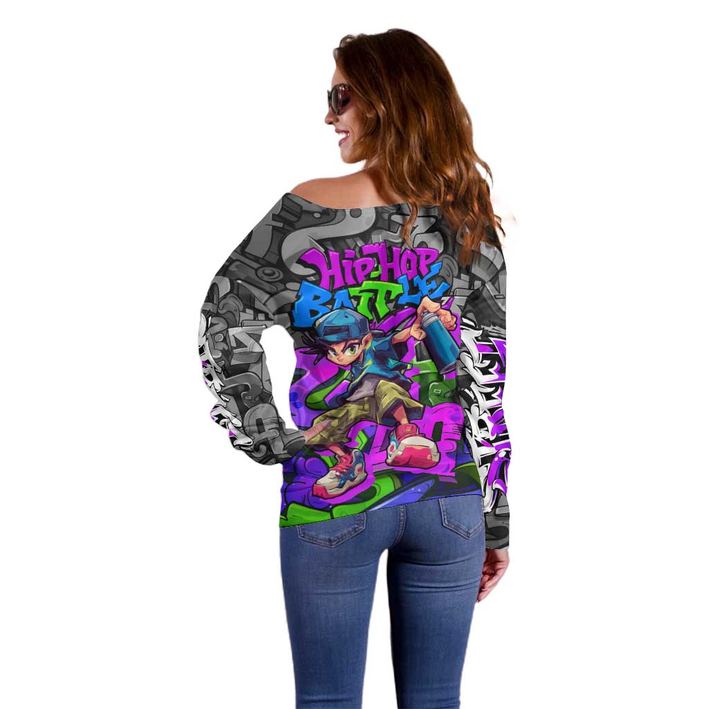 Hip Hop Battle Off Shoulder Sweater Spray Can Kid Character and Colorful Graffiti Street Art Design - Wonder Print Shop