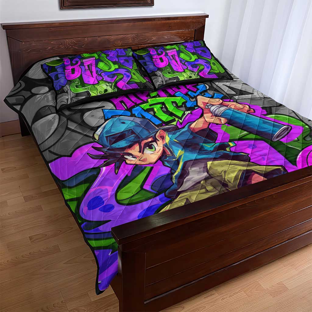 Hip Hop Battle Quilt Bed Set Spray Can Kid Character and Colorful Graffiti Street Art Design - Wonder Print Shop