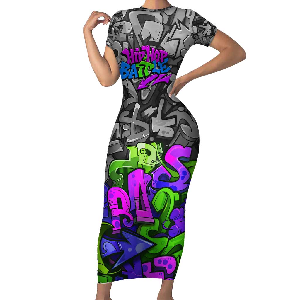 Hip Hop Battle Short Sleeve Bodycon Dress Spray Can Kid Character and Colorful Graffiti Street Art Design - Wonder Print Shop