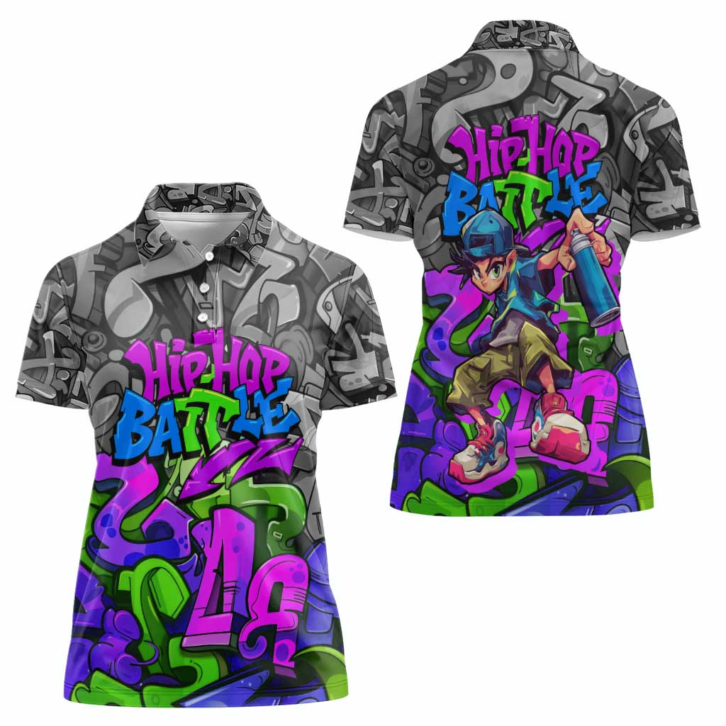 Hip Hop Battle Women Polo Shirt Spray Can Kid Character and Colorful Graffiti Street Art Design - Wonder Print Shop