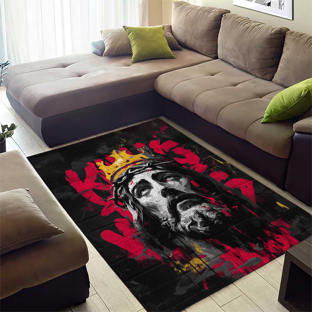 Jesus Graffiti Design Area Rug Crowned Portrait and Urban Street Art Style in Red Yellow Black Theme - Wonder Print Shop