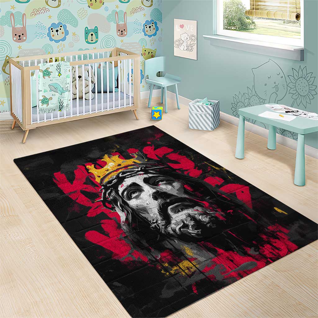 Jesus Graffiti Design Area Rug Crowned Portrait and Urban Street Art Style in Red Yellow Black Theme - Wonder Print Shop