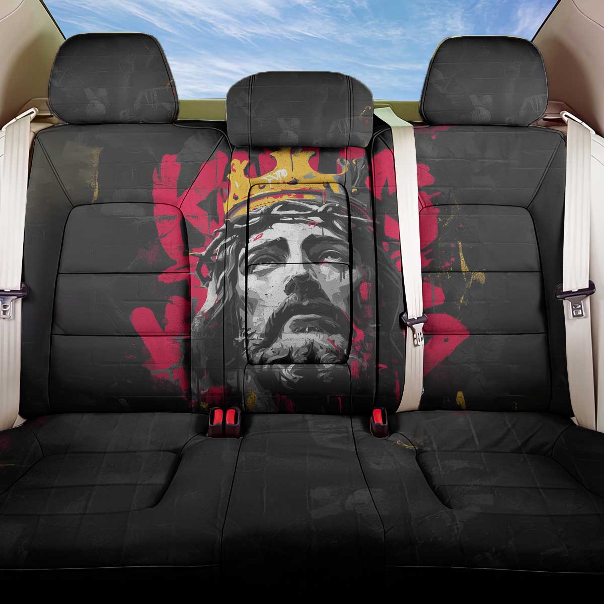 Jesus Graffiti Design Back Car Seat Cover Crowned Portrait and Urban Street Art Style in Red Yellow Black Theme - Wonder Print Shop