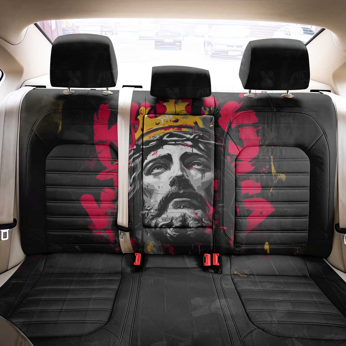 Jesus Graffiti Design Back Car Seat Cover Crowned Portrait and Urban Street Art Style in Red Yellow Black Theme - Wonder Print Shop