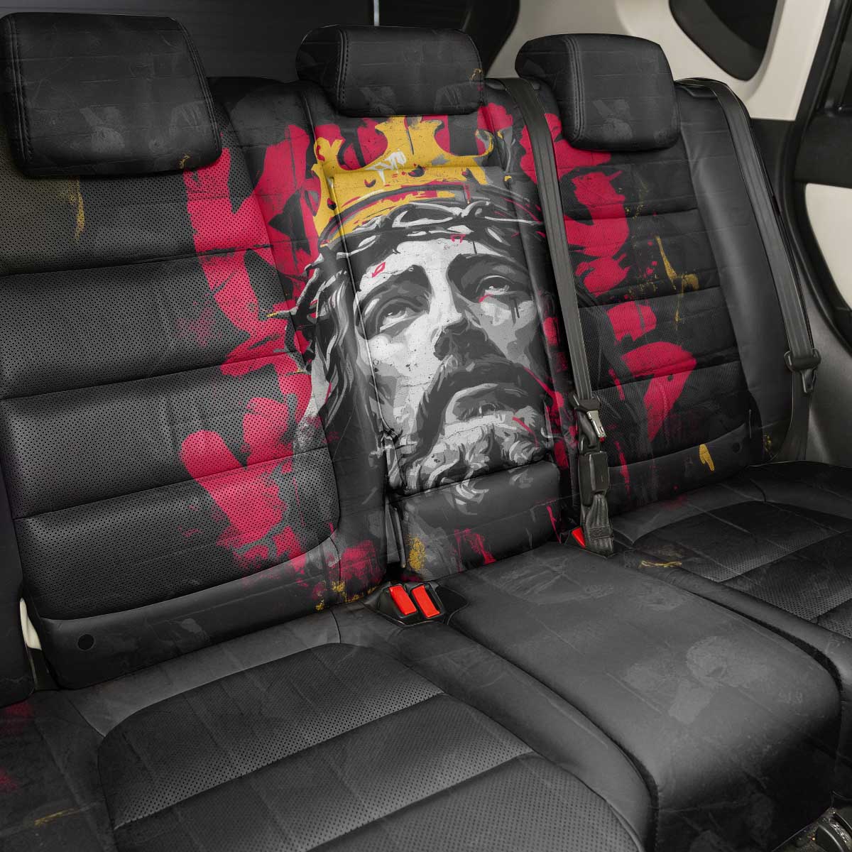 Jesus Graffiti Design Back Car Seat Cover Crowned Portrait and Urban Street Art Style in Red Yellow Black Theme - Wonder Print Shop