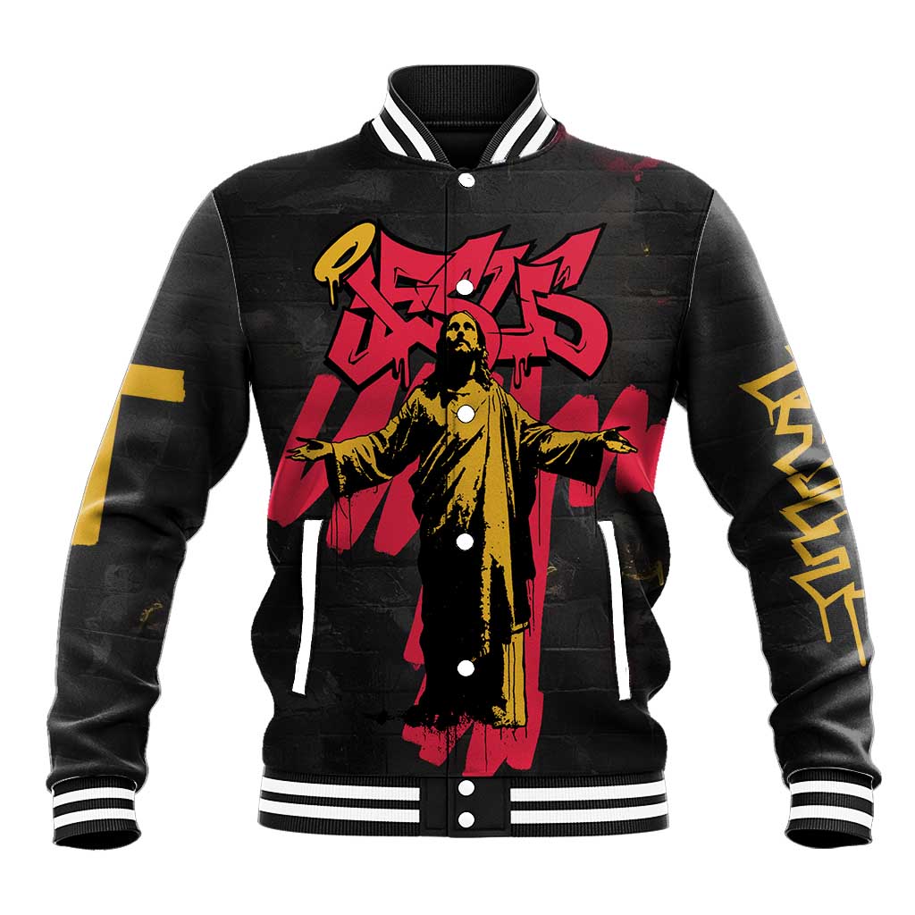 Jesus Graffiti Design Baseball Jacket Crowned Portrait and Urban Street Art Style in Red Yellow Black Theme - Wonder Print Shop