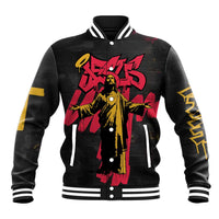 Jesus Graffiti Design Baseball Jacket Crowned Portrait and Urban Street Art Style in Red Yellow Black Theme - Wonder Print Shop