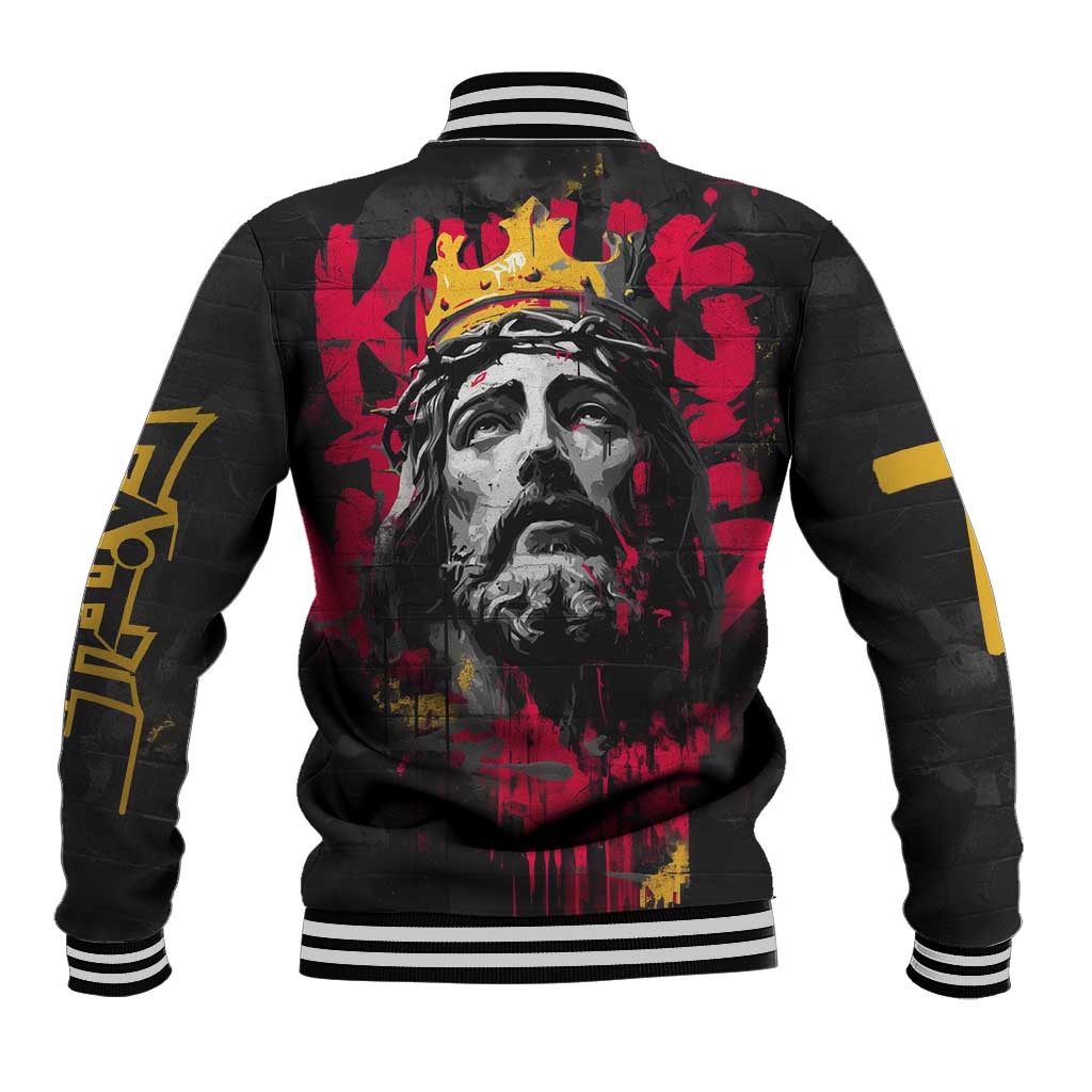 Jesus Graffiti Design Baseball Jacket Crowned Portrait and Urban Street Art Style in Red Yellow Black Theme - Wonder Print Shop