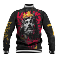 Jesus Graffiti Design Baseball Jacket Crowned Portrait and Urban Street Art Style in Red Yellow Black Theme - Wonder Print Shop