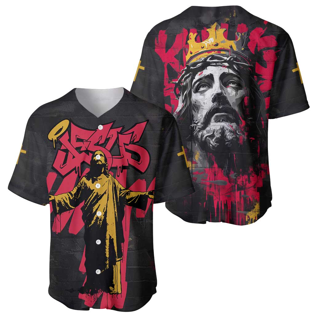 Jesus Graffiti Design Baseball Jersey Crowned Portrait and Urban Street Art Style in Red Yellow Black Theme - Wonder Print Shop