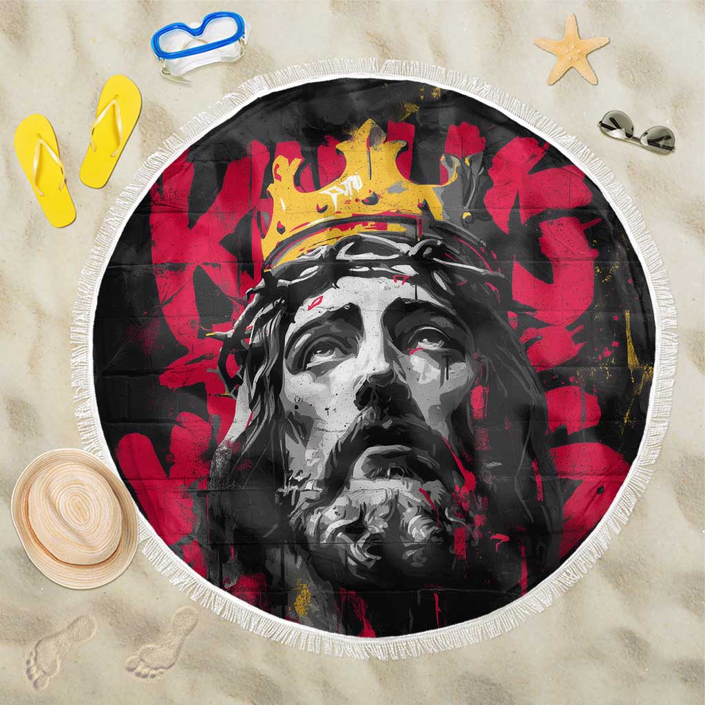 Jesus Graffiti Design Beach Blanket Crowned Portrait and Urban Street Art Style in Red Yellow Black Theme - Wonder Print Shop