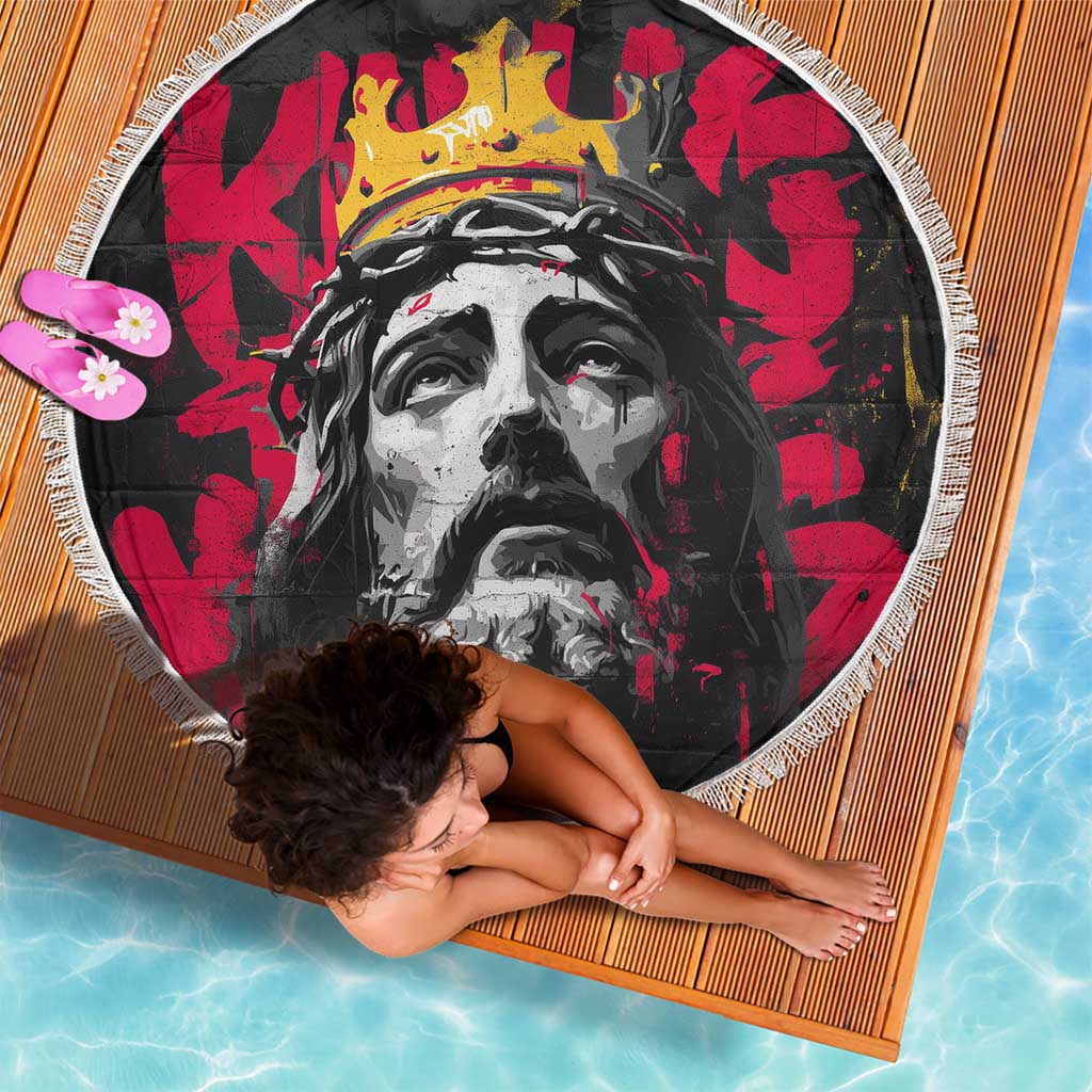 Jesus Graffiti Design Beach Blanket Crowned Portrait and Urban Street Art Style in Red Yellow Black Theme - Wonder Print Shop